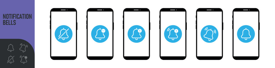Notification bell icon for incoming inbox message on the smartphone screen. Bells is shaking to alert new notifications, ​for web site, logo, app, UI