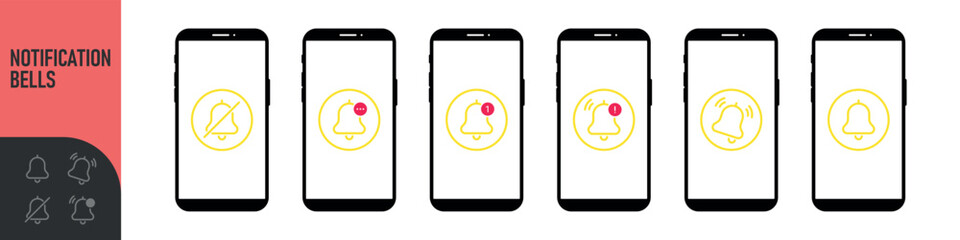 Notification bell icon for incoming inbox message on the smartphone screen. Bells is shaking to alert new notifications, ​for web site, logo, app, UI