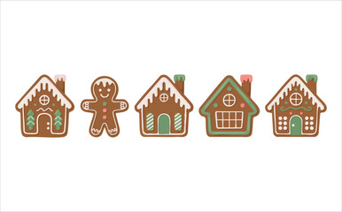 Christmas gingerbread houses with colorful candy decorations vector art isolated on white background