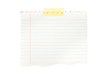 Torn lined paper note isolated on transparent background, taped at the top edge