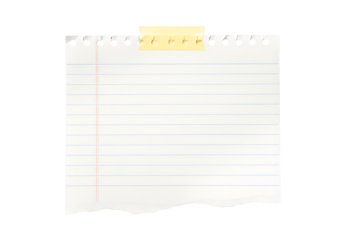 Torn lined paper note isolated on transparent background, taped at the top edge