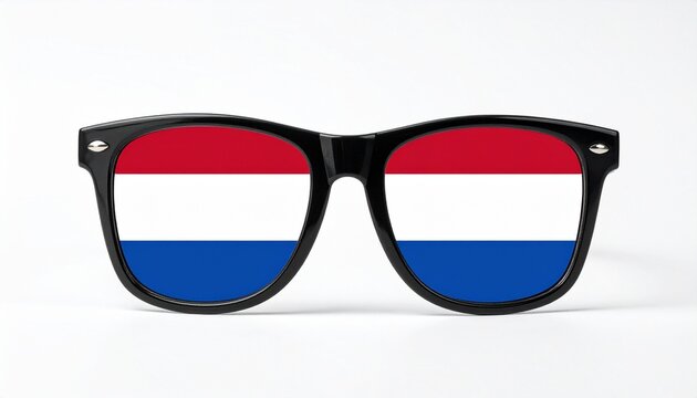 Black eyeglasses with lenses patterned in horizontal red, white, and blue stripes, reflecting the Dutch national flag and cultural pride