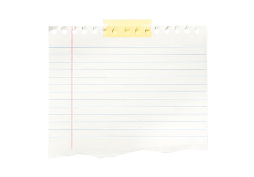 Torn lined paper note isolated on transparent background, taped at the top edge