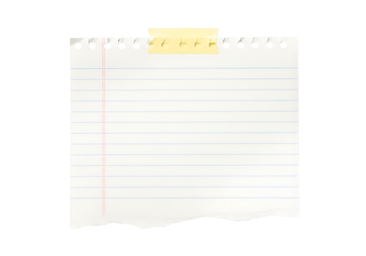 Torn lined paper note isolated on transparent background, taped at the top edge