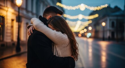 Romantic couple embracing on a charming city street with festive lights, sharing a tender moment of love and connection on a beautiful evening