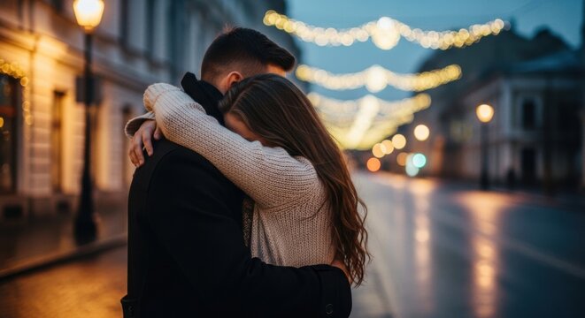 Romantic couple embracing on a charming city street with festive lights, sharing a tender moment of love and connection on a beautiful evening