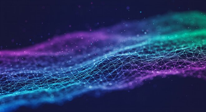 Abstract network connection with blue and purple glowing dots. Futuristic technology background. Digital data visualization.Backdrop for banner, poster, flyer with copy space, invitations