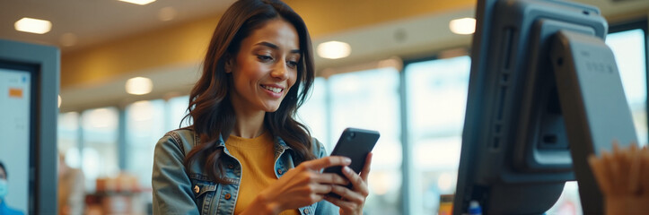 Young woman using smartphone at checkout, smiling and browsing internet during cashless purchase. Smartphone provides convenient payment options, enhancing cashless experience.