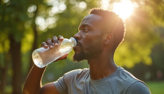 Thirsty african american man drinks water from bottle in sunny park after morning workout. Athletic male runner cools down, rehydrates during summer heat. Restores liquid balance for health, enjoying - Powered by Adobe
