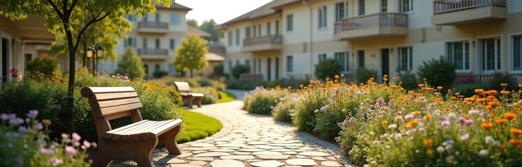 Exterior view of retirement community building with benches and garden. Stone path leads through flowers green lawn. Senior living complex residence for elderly people in a quiet neighborhood.