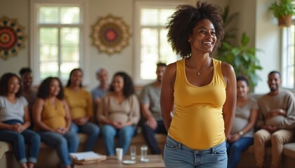 Pregnant woman leads diverse expectant parents birthing class. Group learns about childbirth education in cozy room. Future mothers fathers listen attentively, smiling, ready for new life.