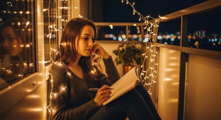Pensive woman writing in journal on cozy balcony at night with city lights twinkling, ideal for lifestyle blogs and creative inspiration campaigns