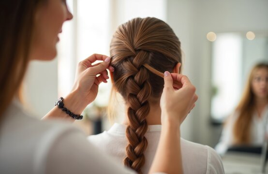 Hairdresser creates beautiful braid hairstyle for client in salon. Woman gets braid haircut from stylist. Female with long brown hair at beauty studio. Hair care service in progress
