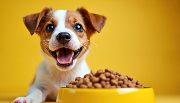 Happy jack russel terrier puppy waits for meal. Doggy with open mouth sits near yellow bowl full of dry pet food. Young pet anticipates yummy food, eats kibble.