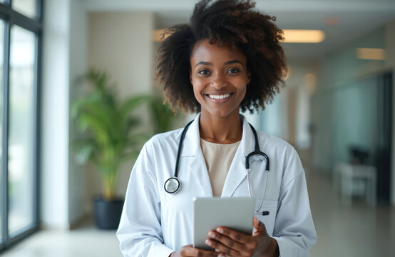 Smiling black female doctor with stethoscope holds tablet. Medical pro in white coat and curly hair. Happy black woman with tablet in office.