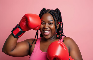 Smiling confident black woman with boxing gloves. She is happy ready to fight. Female athlete trains in studio on pink background. Portrait of smiling woman in sports gear.