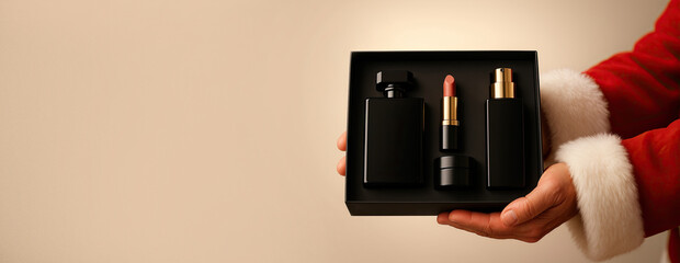 Santa holding elegant cosmetic gift set with perfume and lipstick