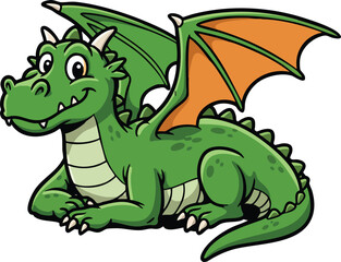 Fototapeta premium Green dragon with orange wings cartoon character vector illustration for fantasy and children’s stories design 