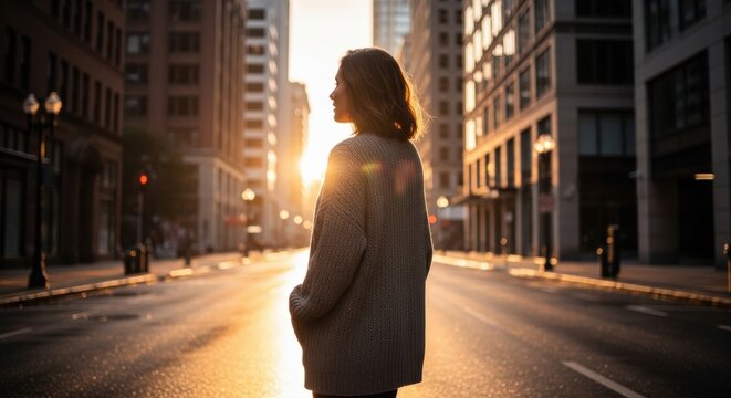 Thoughtful young woman gazing toward future in urban setting during golden hour, feeling hopeful and inspired as she walks along city street