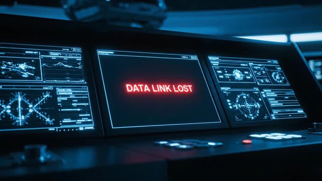 Tilt down from large rotating satellite antenna to control console with blinking data link lost error. Space communication system failure in futuristic tech environment footage.