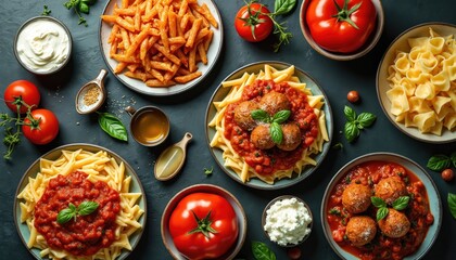 Assortment of Italian pasta dishes with meatballs tomato sauce cheese and basil. Delicious meal ready for lunch or dinner, prepared with fresh ingredients for a family feast.