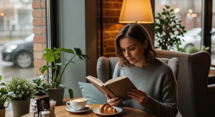 Enjoy a quiet moment with coffee and a book at a cozy cafe on a rainy day, perfect for showcasing lifestyle, relaxation, and the joy of reading indoors