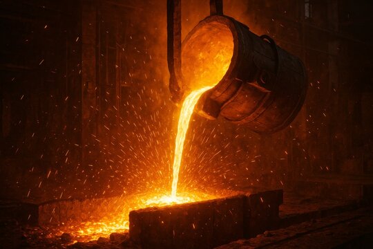 Molten metal pouring from a crucible into a mold in a steel mill