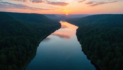 Naklejka premium Aerial photo of a winding river surrounded by green forest. The setting sun reflects in calm water. Natural landscape presents a serene vista. Tranquil scene showcases peaceful atmosphere.