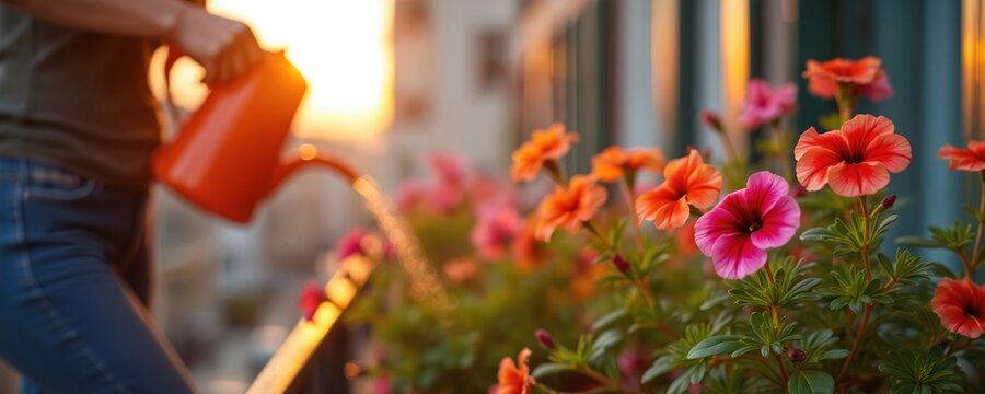Person waters vibrant flowers on balcony during sunset. Orange watering can pours water over blooms in planter box. Gardening hobby creates a colorful scene in the evening sun.