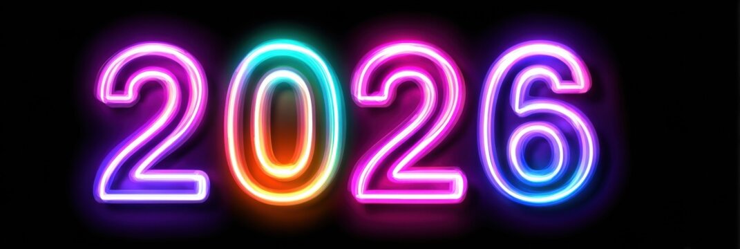 Bright and Colorful Neon Sign Displaying the Year 2026 in Vivid Hues Against a Dark Background