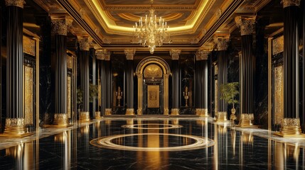 Fototapeta premium Elegant black palace hall with golden details and marble flooring