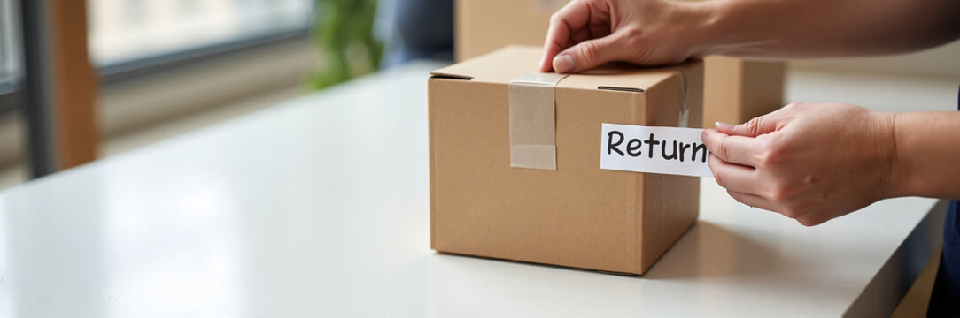 Preparing package return with cardboard box and paper label. Box return handled with care, hands applying label to indicate product return, box is sealed and ready for shipment.