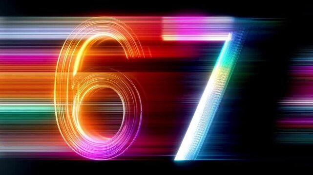 Six Seven Teens Meme Trend. Neon numbers 6 and 7 with glitch effect on black background