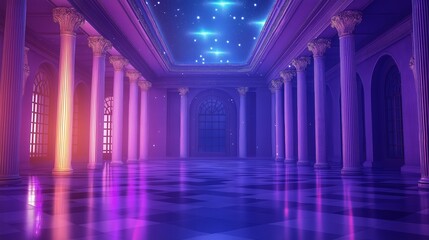 Naklejka premium Vibrant purple palace illuminated by glowing hues in a surreal fantasy interior