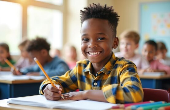 Happy boy smiles while writing in notebook at school class. Children studying in classroom learning. Young student enjoys art drawing or writing. Education concept for kids.