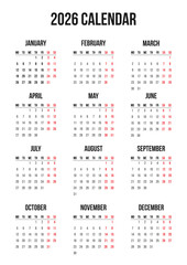 Classic English 2026 year calendar grid template single vertical page of 12 month. Layout planner for the year. Week start on Monday
