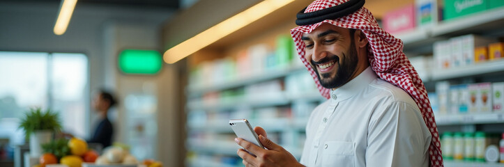 Arab man with smartphone smiling inside pharmacy, with medicine shelves and blurred person in background. Arab man enjoys using smartphone for healthcare purchases and information.