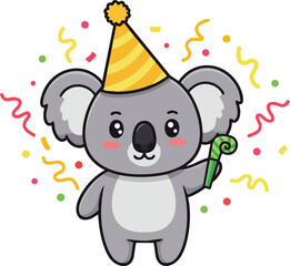 Naklejka premium Cute koala wearing yellow party hat celebrating with confetti and party blower in festive scene vector illustration 
