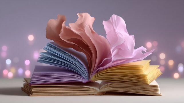 A book is opened to a page with a colorful and intricate flowery design. The book is open to a page with a flowery design, and the pages are spread out, revealing the intricate details of the design