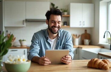 Happy man using tablet in kitchen. Smiling freelancer enjoys breakfast at home. Modern tech device connected online. Workspace with food. Cheerful person works with digital tablet.