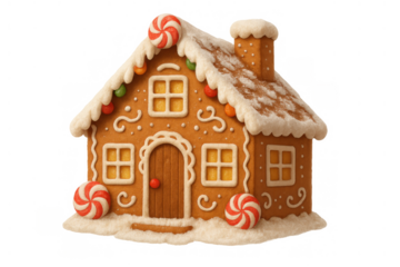Gingerbread house showing festive decoration, white icing on roof and windows, colorful candy, and red swirl lollipops. Transparent background