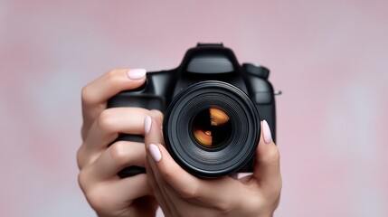 A woman is holding a camera and taking a picture. The camera is black and has a large lens. The woman's hands are holding the camera and her nails are painted