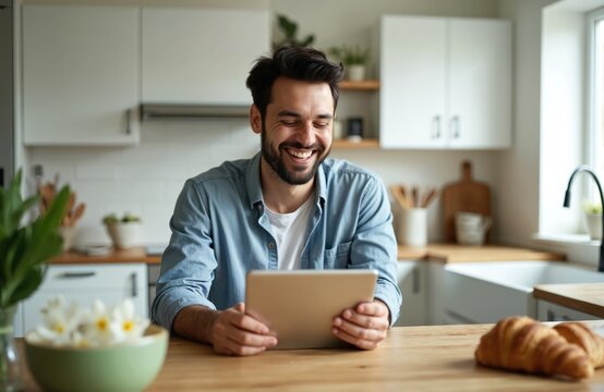 Happy man using tablet in kitchen. Smiling freelancer enjoys breakfast at home. Modern tech device connected online. Workspace with food. Cheerful person works with digital tablet.