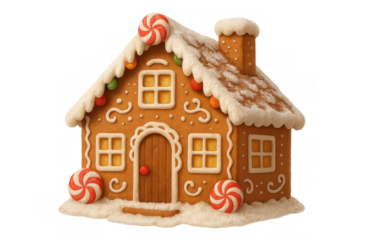 Gingerbread house showing festive decoration, white icing on roof and windows, colorful candy, and red swirl lollipops. Transparent background