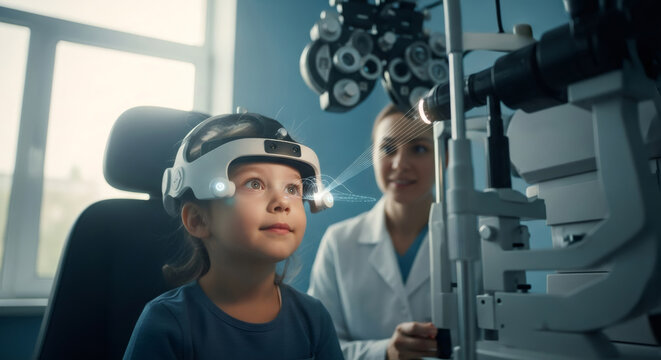 Little girl in virtual reality headset undergoing vision test with female ophthalmologist. Future of pediatric eye health.