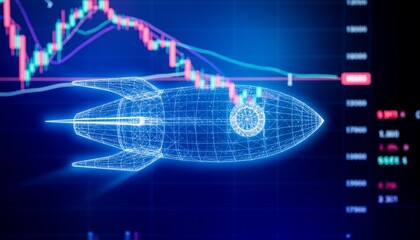 Naklejka premium Rocket soaring amidst stock market data, symbolizing growth and investment