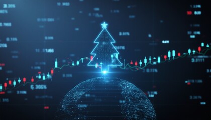 A festive Christmas tree silhouette with stock market indicators on a digital globe, symbolizing seasonal investment and financial growth