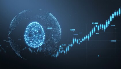 Global market analysis showing rising financial trends with futuristic elements. The central focus is a glowing sphere, overlaid with data streams