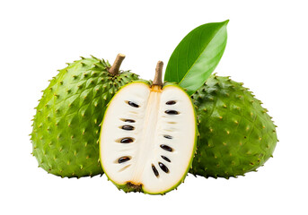 Soursop fruits isolated on transparent background, with one cut in half showing seeds