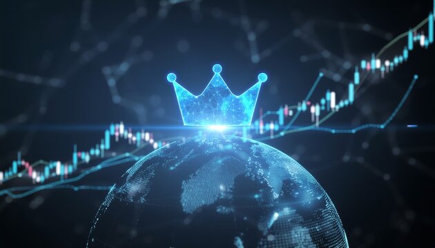 A glowing crown sitting atop a digital globe with a rising stock chart
